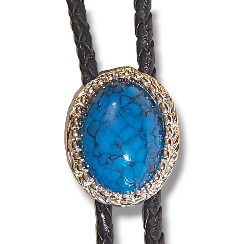 Vintage Faux Turquoise‎ Cabochon Bolo Tie Black Leather Silver Tone Western